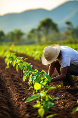 Farmer working diligently among rows of young plants in a fertile field. Golden hour light illuminates the landscape, promoting sustainability and growth. Concept of agriculture, farming, harvest
