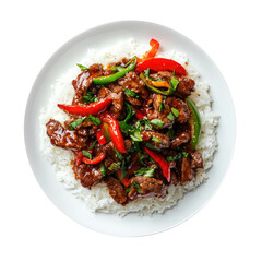 Beef and Pepper Stir Fry Over Rice Isolated on a White Background 