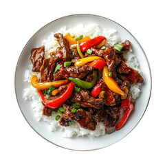 Beef and Pepper Stir Fry Over Rice Isolated on a White Background 