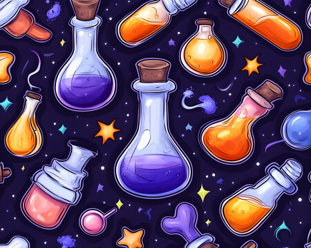 Colorful potion bottles float in space, cosmic background