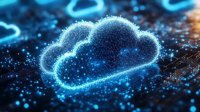 Cloud computing mesh model floating in futuristic tech grid image