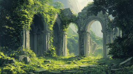 Ancient temple ruins covered in lush greenery