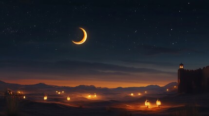 Naklejka premium Mystical Night Desert with Crescent Moon