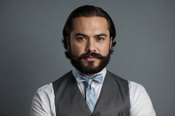 Obraz premium Confident Man in Black Suit and Bow Tie, Professional Studio Portrait on Gray Background