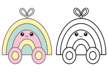 Cute Rainbow Cartoon Character with Wheels, Pastel Colors, Smiling Face, Outlined Version