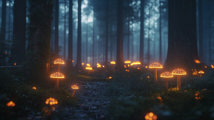 Fantasy-style enchanted forest with glowing mushrooms