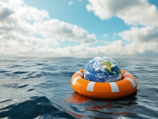 Obraz premium Earth floating in the ocean protected by a life preserver device
