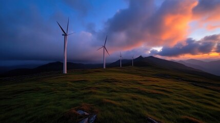 Obraz premium Wind turbines stand tall on a mountaintop at sunset. Dramatic clouds paint the sky in hues of orange and purple