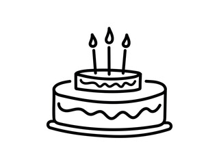 Simple birthday cake icon, black graphics, festive sign of cake with candles for birthday, linear drawing isolated on white background
