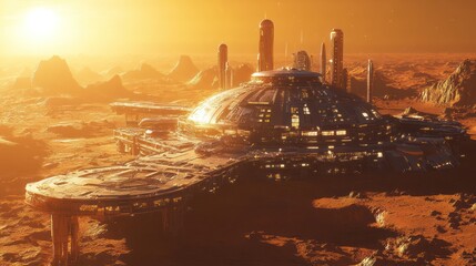 Obraz premium Martian colony sunrise, desolate landscape, research base