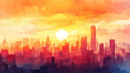 Warm Sunset City Skyline Painting