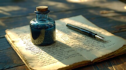 A vintage journal open to handwritten pages, alongside a dark blue ink bottle and fountain pen, bathed in sunlight