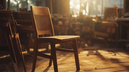 A skilled woodworker carving a wooden chair by hand, using traditional tools, in cozy artisan workshop