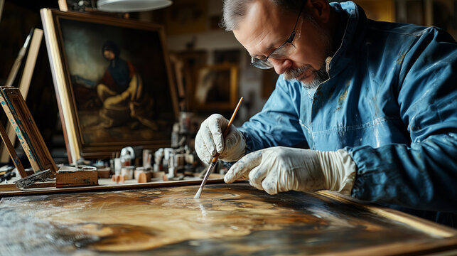 A professional art restorer carefully restoring an old oil painting, wearing protective gloves and using a fine brush, working in restoration studio with antique paintings in the background