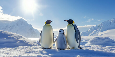 Naklejka premium Group of penguins in snow Arctic environment. World penguin day