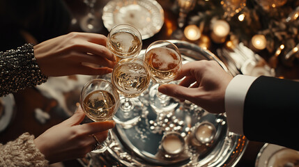 Champagne glasses clinking together in a romantic candlelit restaurant, soft golden reflections, luxurious and elegant atmosphere