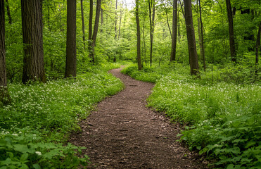 Fototapeta premium Tranquil nature walk through lush green forest path with tall trees and wildflowers on sunny day
