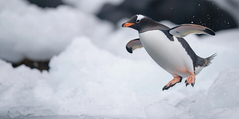 Obraz premium Group of penguins in snow Arctic environment. World penguin day