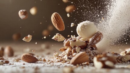 Fototapeta premium Flying Almonds and Walnuts with Powder Burst