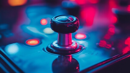 An illuminated joystick controller with a central black round button