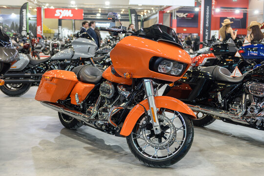 ISTANBUL, TURKEY - MARCH 16, 2025: Harley Davidson Road Glide motorcycles on display at Motobike Istanbul 2025 in Istanbul Expo Center (IFM).