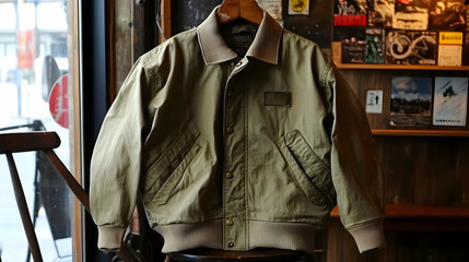Olive green jacket displayed in vintage shop, showcasing details