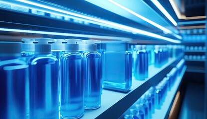 Fototapeta premium Modern cosmetic display shelves, illuminated with cool blue light