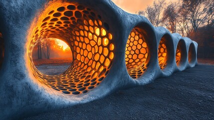 Abstract Stone Tunnel With Hexagonal Pattern At Sunset