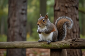 Fototapeta premium A tiny squirrel sits on a fence, its bushy tail curled up.