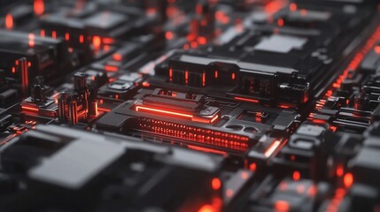 Obraz premium Abstract Futuristic Circuit Board: Glowing Red Lines on Black Tech Background