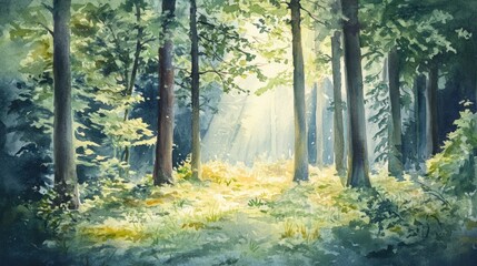 Fototapeta premium Sunbeams through a lush forest. Watercolor painting. Ideal for nature, wallpaper, or desktop backgrounds