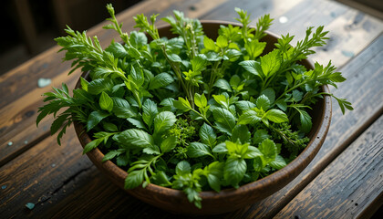 Freshly harvested organic herbs in wooden bowl on rustic table healthy eating natural ingredients farm to table culinary
