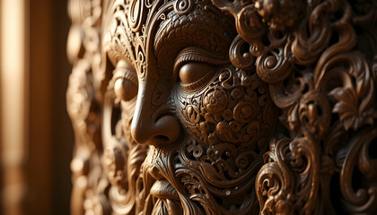 Obraz premium Intricate Wood Carving Artistry Traditional Craftsmanship Cultural Heritage Decorative Sculpture Detailed Artwork Brown Tones