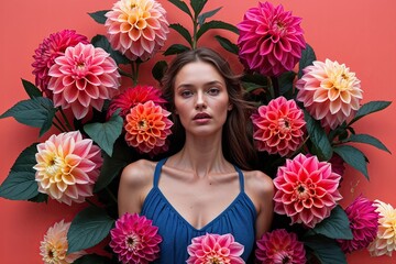 Naklejka premium Model Surrounded by Vibrant Dahlias on a Coral Background