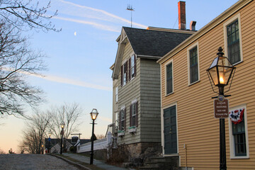 New Bedford Massachusetts historic brick buildings along cobblestone streets   