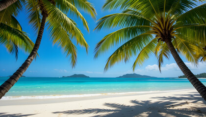 Fototapeta premium Tropical beach paradise with coconut palm trees white sand and turquoise water ideal for summer vacation