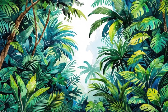 Vibrant Lush Jungle Foliage Watercolor Background for Adventure and Safari Themes