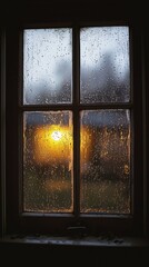 Rainy window, outside light glows through condensation covered glass panes
