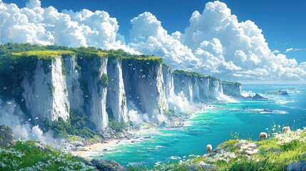 Coastal cliffs, sunny day, sheep grazing, ocean view; idyllic landscape for travel brochures