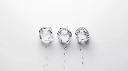 Three ice cubes on white background, water droplets, cool refreshment