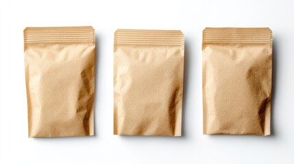 Three Kraft Paper Pouches on White Background for Packaging Mockup