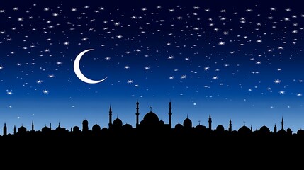 Naklejka premium Night city skyline, crescent moon, stars, peaceful background, ideal for Ramadan