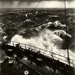 Fototapeta premium Ship sailing stormy ocean, waves crashing, dramatic sky, maritime adventure, travel photography