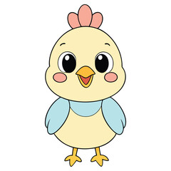 Adorable Cartoon Chicken Illustration, Light Yellow Body, Soft Blue Wings, Isolated on White