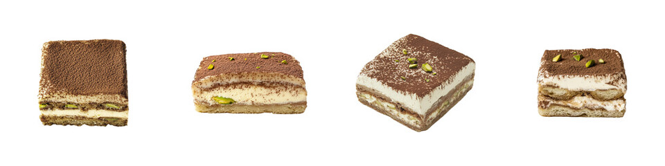 Four layered tiramisu portions dusted with cocoa powder and pistachio accents.