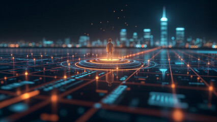 Futuristic AI Interface With Glowing Holographic Data Streams and Abstract Digital Cityscape