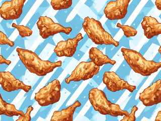 Crispy fried chicken drumsticks are scattered across vibrant blue and white striped background, creating lively and appetizing pattern
