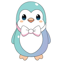 Charming Kawaii Pastel Penguin with Cute Bow Tie on White Background