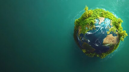 Fototapeta premium A vibrant, pixelated representation of the planet, with lush vegetation and blue waters, set against a deep blue-green background, evoking a sense of wonder and discovery