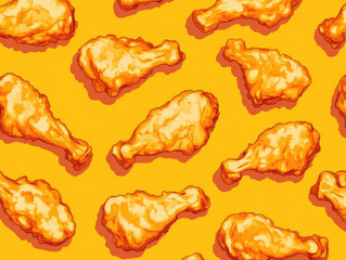 Crispy fried chicken drumsticks pattern on vibrant yellow background, showcasing delicious and appetizing design. highly detailed illustration captures texture and color